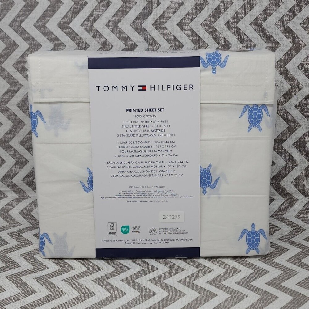 Tommy Hilfiger Cotton Printed FULL/DOUBLE Sheets Set Blue Turtles Lightweight - Picture 4 of 10